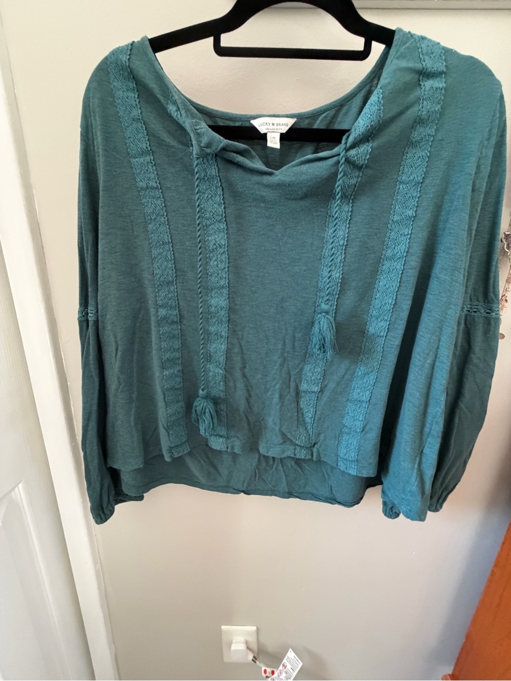 Lucky Brand Teal Green Peasant Blouse with Balloon Sleeves